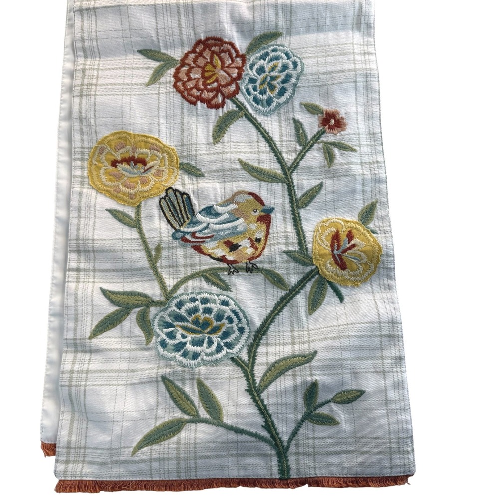 Pier 1 Imports Table Runner 13x72 Ivory Plaid Floral Bird Embroidered Applique